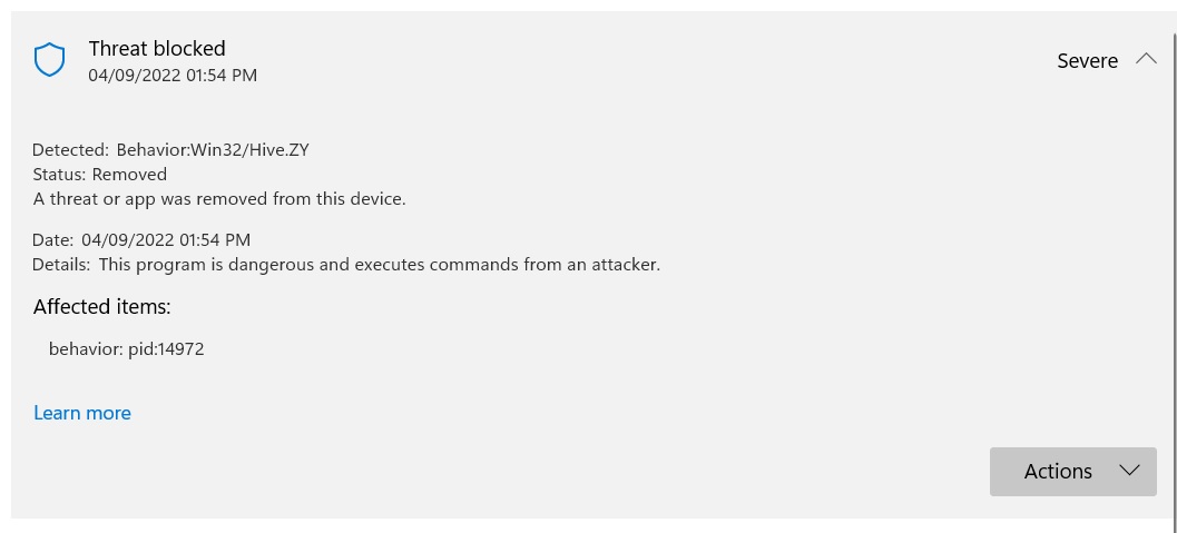 Microsoft Defender Notifying False Positive Threat "Behavior:Win32/Hive.ZY" Worldwide
